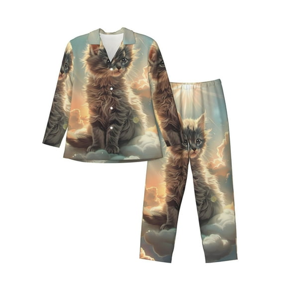 Lsque Sunshine Cloud Kitten Pattern Long Sleeve Pajama Set for Men - Soft 2-Piece Sleepwear and Loungewear Set with Pockets, Comfy Nightwear-Medium