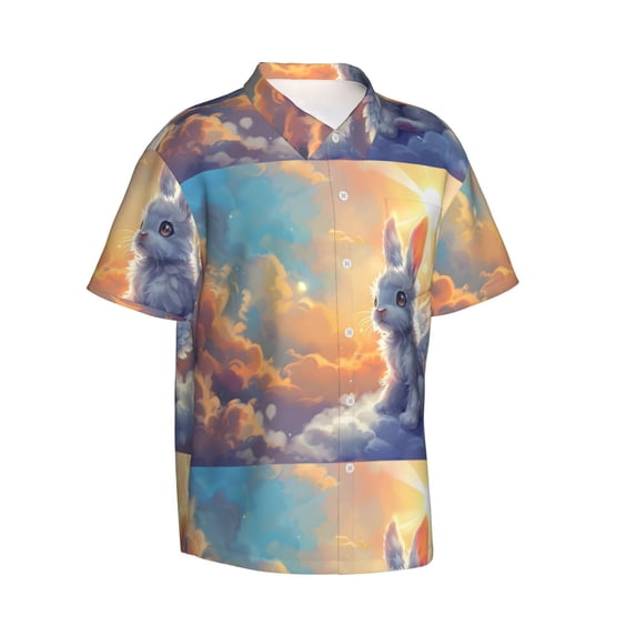 Lsque Sunshine Colorful Cloud Rabbit pattern Hawaiian Shirt for Men, Unisex Summer Beach Casual Short Sleeve Button Down Shirts-Small