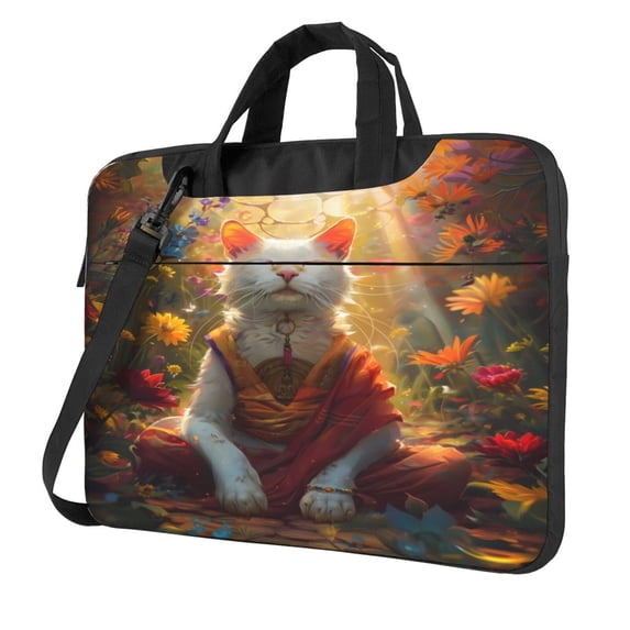 Lsque Sunshine Flower Meditating Cat Pattern Laptop Bag – Portable & Slim Single-Shoulder Computer Case with Adjustable Strap, Protective, Lightweight for 13”/14”/15.6” Laptops