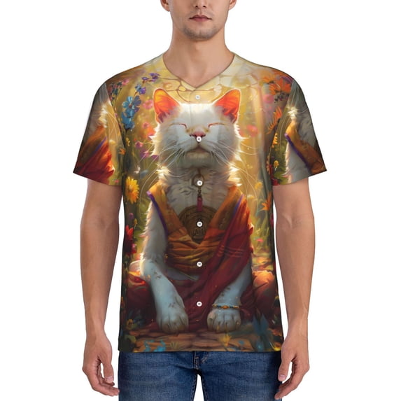 Lsque Sunshine Flower Meditating Cat Pattern Mens Polo Golf Shirts Funny Graphics Shorts Sleeve Button Shirts Baseball T-shirt-4X-Large