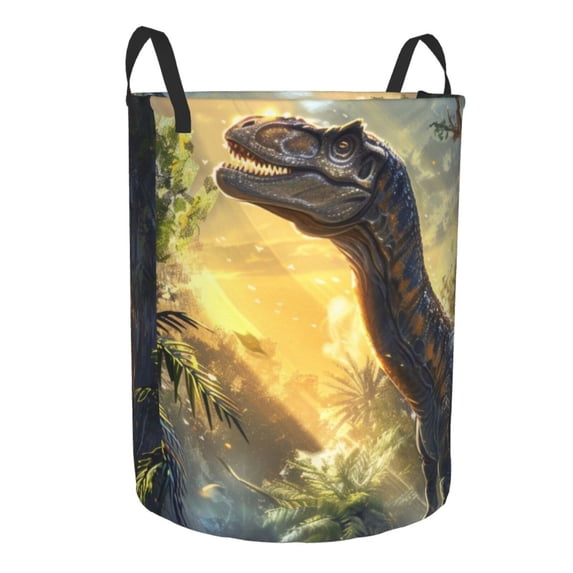 Lsque Sunshine Jungle Dinosaur pattern Laundry Hamper Basket, Tall Woven Rope Hamper Basket for Clothes, Lightweight Storage Basket, Collapsible Waterproof-Small