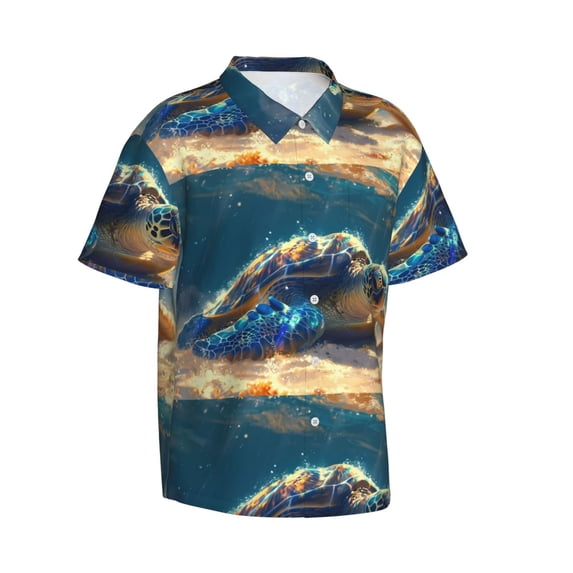 Lsque Sunshine Underwater Sand Turtle pattern Hawaiian Shirt for Men, Unisex Summer Beach Casual Short Sleeve Button Down Shirts-Large