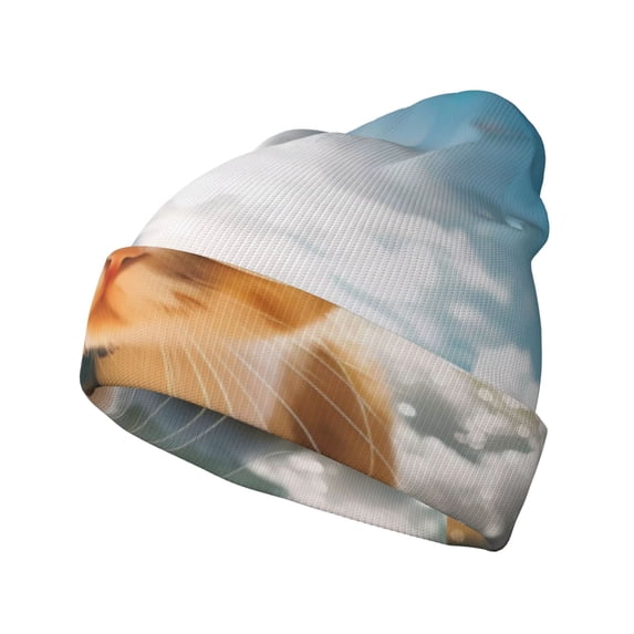 Lsque Surfing Cat Sun Pattern Knitted Beanie, Unisex Winter Hat, Knit Hat Winter Beanies Thick Fisherman Beanies Cuffed Plain Skull Caps