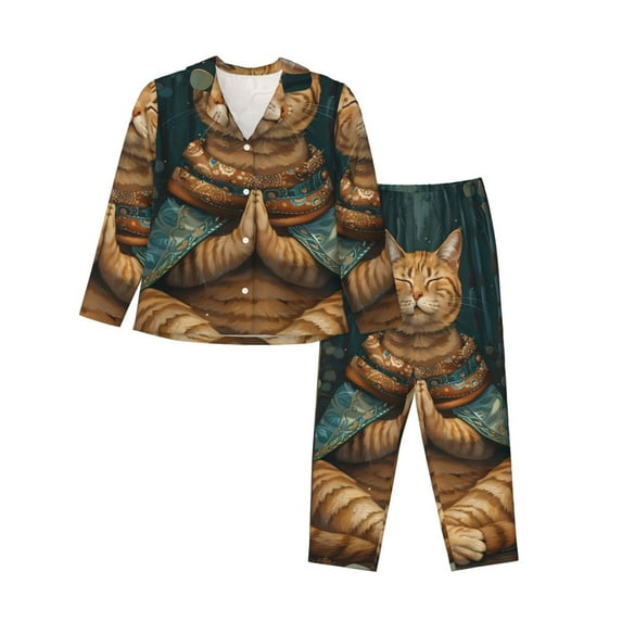 Lsque Surreal Meditating Cat Pattern Long Sleeve Pajama Set for Women - Soft 2-Piece Sleepwear and Loungewear Set with Pockets, Comfy Nightwear-Medium