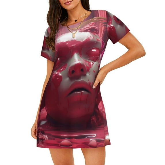 Lsque Surreal Pink Headphones Pattern Nightgowns for Women Sleep Shirts Short Sleeve Nightshirt Pullover Nightdress Soft Sleepwear Relaxed Fit Nightdress