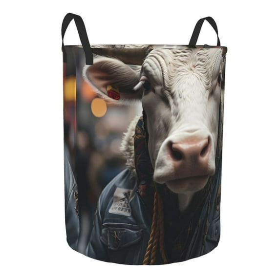 Lsque Surrealist Cow pattern Laundry Hamper Basket, Tall Woven Rope Hamper Basket for Clothes, Lightweight Storage Basket, Collapsible Waterproof-Medium
