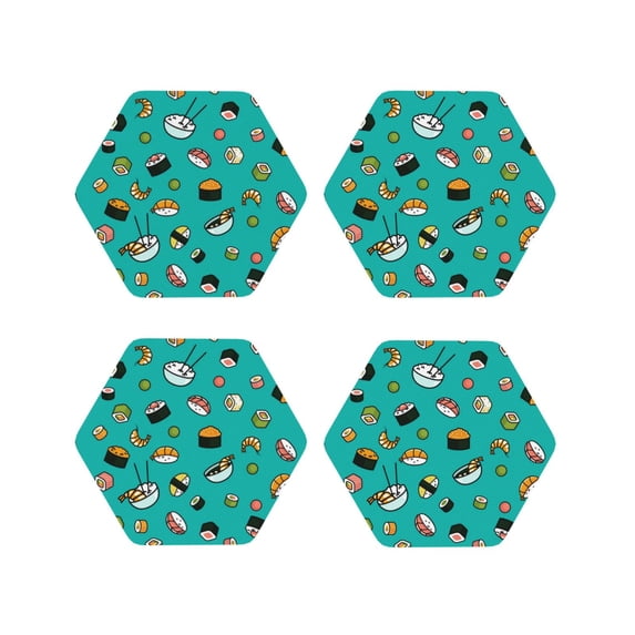 Lsque Sushi Pattern 4" Drink Coasters Set of 4, PVC Leather Absorbent Coasters, Table Coaster Set Decorative Coffee Cup Coasters Housewarming Gift -Hexagon