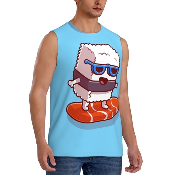 Lsque Sushi Salmon Surfing Print Men's Cotton Blend Sleeveless Muscle Shirts (S-3XL)- Moisture Wicking, Odor Protection, UPF 30+,Medium