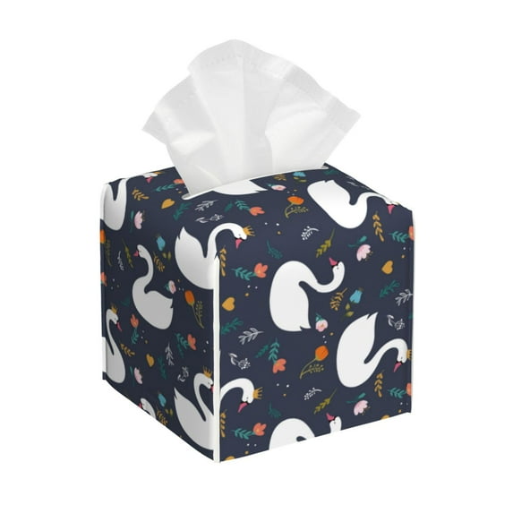 Lsque Swan And Flowers1 Printed Tissue Box Cover Holder, Facial Paper Organizer Dispenser,Square with Bottom Belt, PVC Leather Decorative Organizer