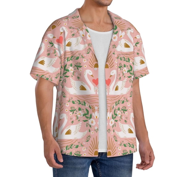 Lsque Swan Couple print Men's Cuban Collar Short Sleeve Shirt Summer Beachwear Casual Button Down Fashionable Vacation Leisure Shirt-Large