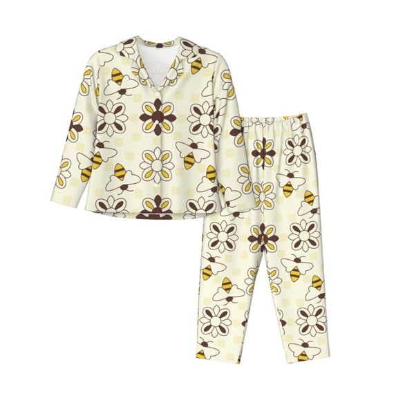 Lsque Sweet Bee Pattern Long Sleeve Pajama Set for Women - Soft 2-Piece Sleepwear and Loungewear Set with Pockets, Comfy Nightwear-X-Large