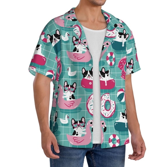 Lsque Swimming Bulldog print Men's Cuban Collar Short Sleeve Shirt Summer Beachwear Casual Button Down Fashionable Vacation Leisure Shirt-Small