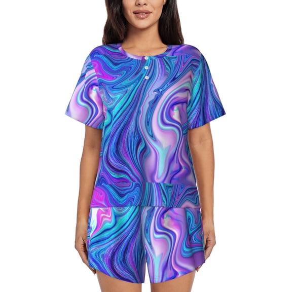 Lsque Swirl Blue And Purple Women's Short-Sleeved Pajama Set - 2 Piece Soft and Lightweight Sleepwear Set-Medium