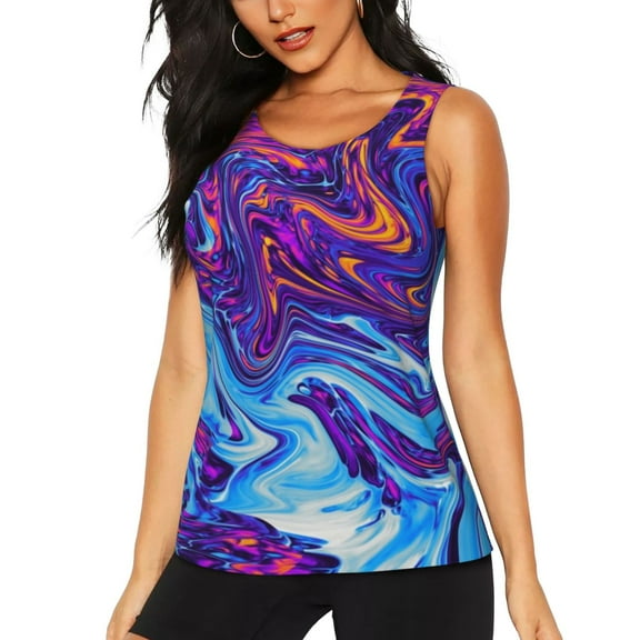 Lsque Swirl Print Blue Purple Printed Workout Tank Tops for Women, Athletic Sports Tank Tops, Compression Sleeveless Dry Fit Shirts,Sleeveless Yoga Shirt-Small