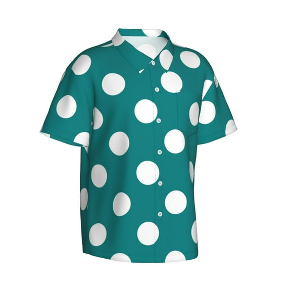 Lsque Teal And White Polka Dot pattern Hawaiian Shirt for Men, Unisex Summer Beach Casual Short Sleeve Button Down Shirts-Large