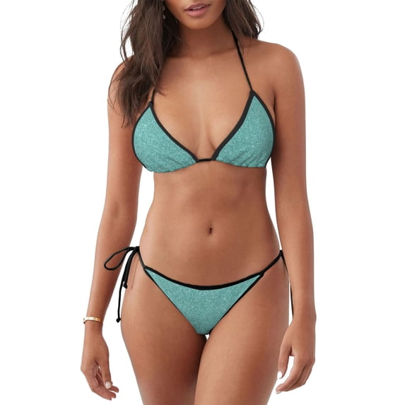 Lsque Teal Green Glitter Pattern Women Two Piece Swimsuit Sexy Swimwear Halter String Triangle Bikini Sets
