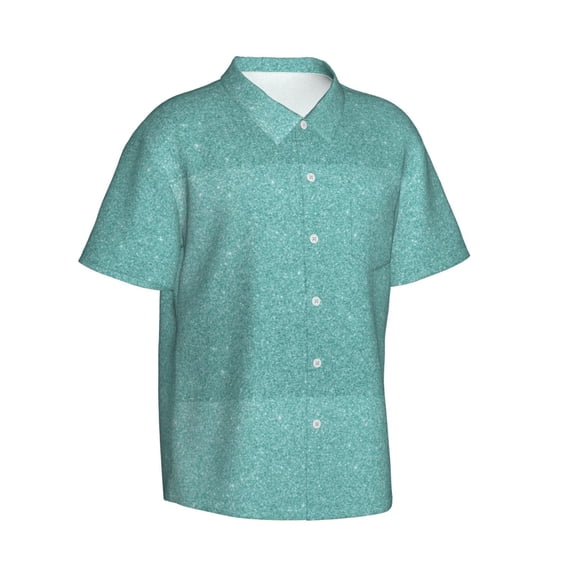Lsque Teal Green Glitter pattern Hawaiian Shirt for Men, Unisex Summer Beach Casual Short Sleeve Button Down Shirts-Medium