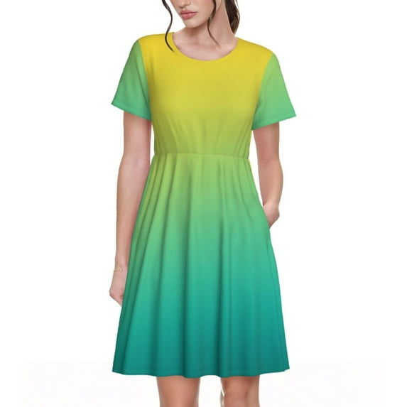 Lsque Teal To Yellow Gradient Print Women's Casual Dress T-Shirt Summer Short Sleeve Scoop Neck Swing Dresses