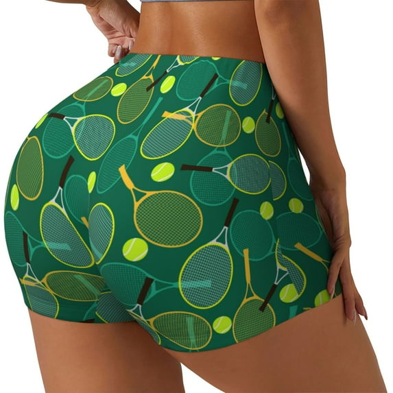 Lsque Tennis Rackets and Balls Pattern High Waisted Biker Shorts for Women-Tummy Control Fitness Athletic Workout Running Yoga Gym Shorts,Moisture-Wicking-Large