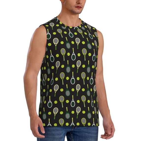 Lsque Tennis Rackets Print Men's Cotton Blend Sleeveless Muscle Shirts (S-3XL)- Moisture Wicking, Odor Protection, UPF 30+,X-Large