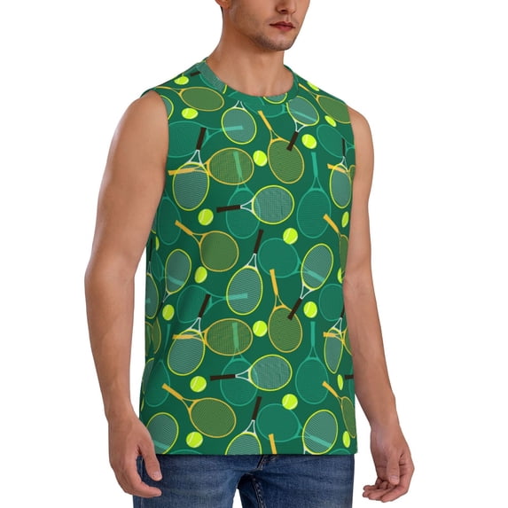 Lsque Tennis Rackets and Balls Print Men's Cotton Blend Sleeveless Muscle Shirts (S-3XL)- Moisture Wicking, Odor Protection, UPF 30+,Small