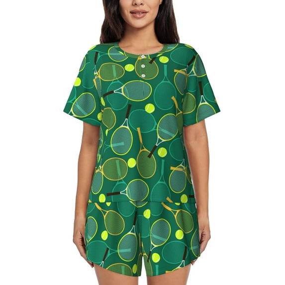 Lsque Tennis Rackets and Balls Women's Short-Sleeved Pajama Set - 2 Piece Soft and Lightweight Sleepwear Set-Medium