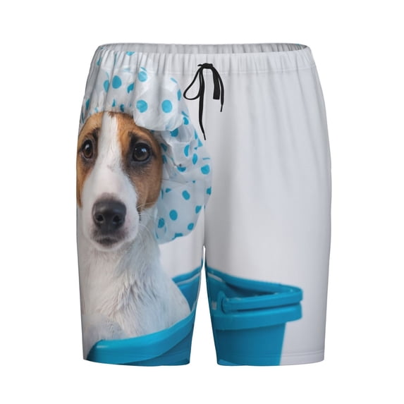 Lsque Terrier Takes A Bath With Shower Cap Mens Sleep Pajama Shorts,Short Pajama Pants, Cotton Ultra-Soft Knit-Small