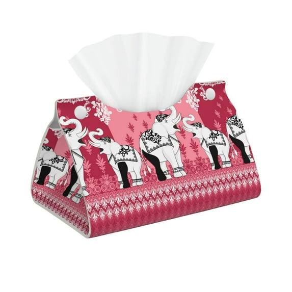 Lsque Thai elephant Printed Long Tissue Box Cover Holder, Facial Paper Organizer Dispenser,Triangle with Bottom Belt, PVC Leather Decorative Organizer