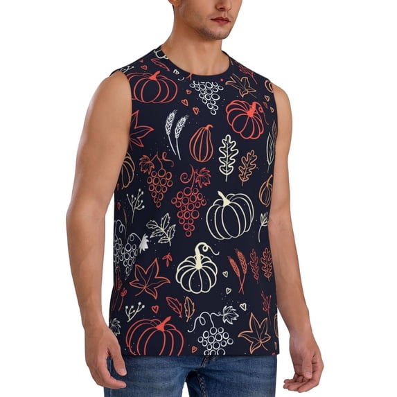 Lsque Thanksgiving Print Men's Cotton Blend Sleeveless Muscle Shirts (S-3XL)- Moisture Wicking, Odor Protection, UPF 30+,Large