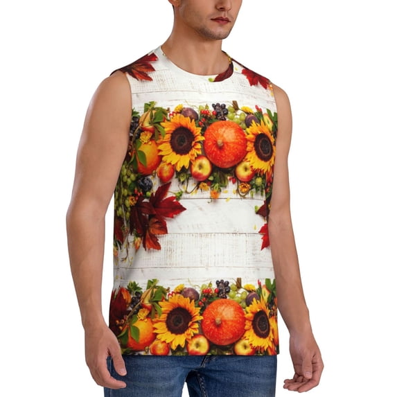 Lsque Thanksgiving With Autumn Print Men's Cotton Blend Sleeveless Muscle Shirts (S-3XL)- Moisture Wicking, Odor Protection, UPF 30+,X-Large