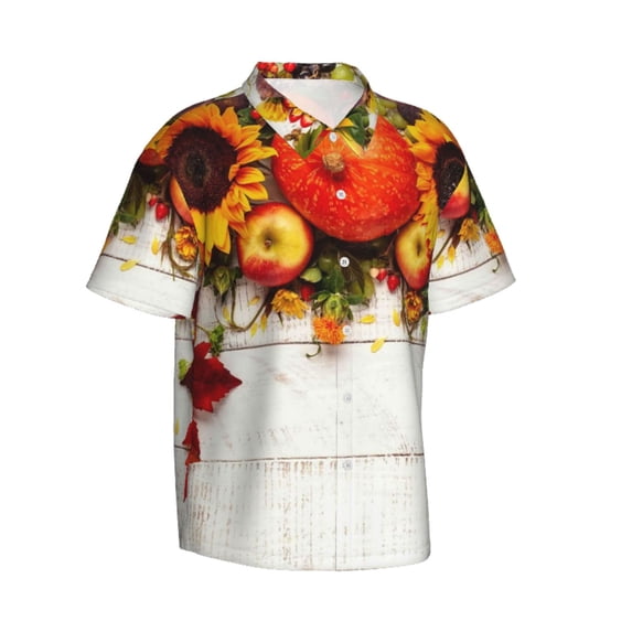 Lsque Thanksgiving With Autumn pattern Hawaiian Shirt for Men, Unisex Summer Beach Casual Short Sleeve Button Down Shirts-Large