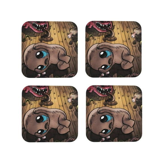 Lsque The Binding of Isaac Pattern 4" Drink Coasters Set of 4, PVC Leather Absorbent Coasters, Table Coaster Set Decorative Coffee Cup Coasters Housewarming Gift