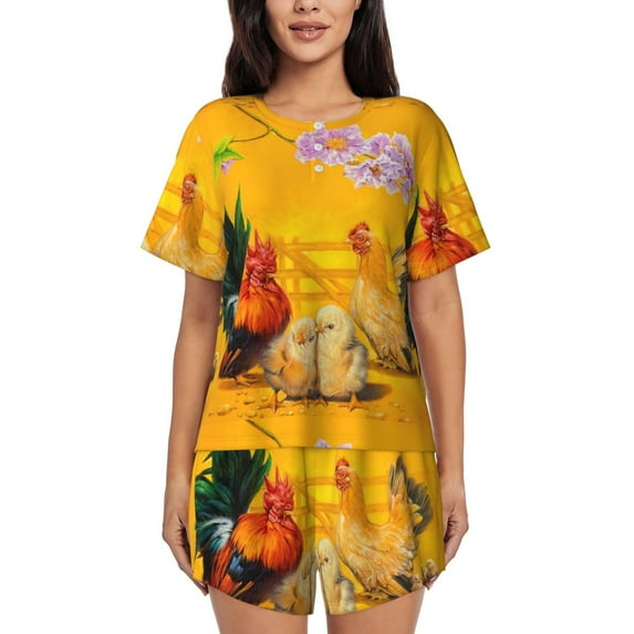 Lsque The Chicken Family Women's Short-Sleeved Pajama Set - 2 Piece Soft and Lightweight Sleepwear Set-Small
