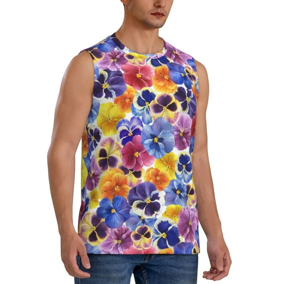Lsque The Garden Tricolor Pansy Flower Print Men's Cotton Blend Sleeveless Muscle Shirts (S-3XL)- Moisture Wicking, Odor Protection, UPF 30 ,Medium
