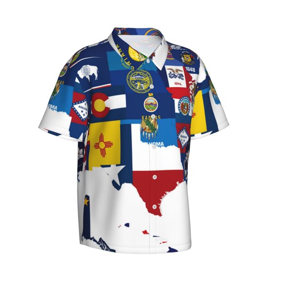 Lsque The Map Of United States pattern Hawaiian Shirt for Men, Unisex Summer Beach Casual Short Sleeve Button Down Shirts-3X-Large