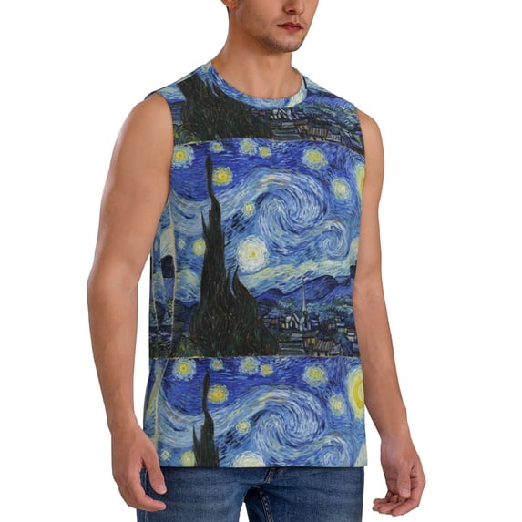 Lsque The Starry Night Print Men's Cotton Blend Sleeveless Muscle Shirts (S-3XL)- Moisture Wicking, Odor Protection, UPF 30+,3X-Large