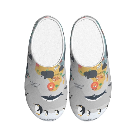 Lsque The World Map with Cartoon Animals Pattern Womens Comfort Cotton on Scuff With Memory Foam and Anti-skid Sole Slipper-44/45