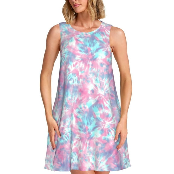 Lsque Tie Dye Pattern Summer Dresses for Women – Sleeveless T-Shirt Swing Sundress, Perfect for the Beach and Casual Days