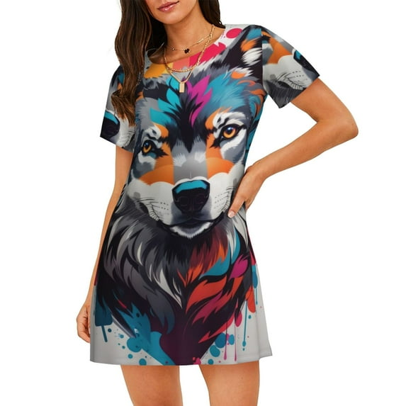 Lsque Tie-Dye Wolf Head Pattern Nightgowns for Women Sleep Shirts Short Sleeve Nightshirt Pullover Nightdress Soft Sleepwear Relaxed Fit Nightdress