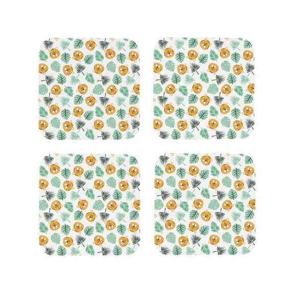Lsque Tiger Leaves Pattern 4" Drink Coasters Set of 4, PVC Leather Absorbent Coasters, Table Coaster Set Decorative Coffee Cup Coasters Housewarming Gift -Square