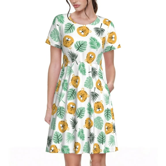 Lsque Tiger Leaves Print Women's Casual Dress T-Shirt Summer Short Sleeve Scoop Neck Swing Dresses
