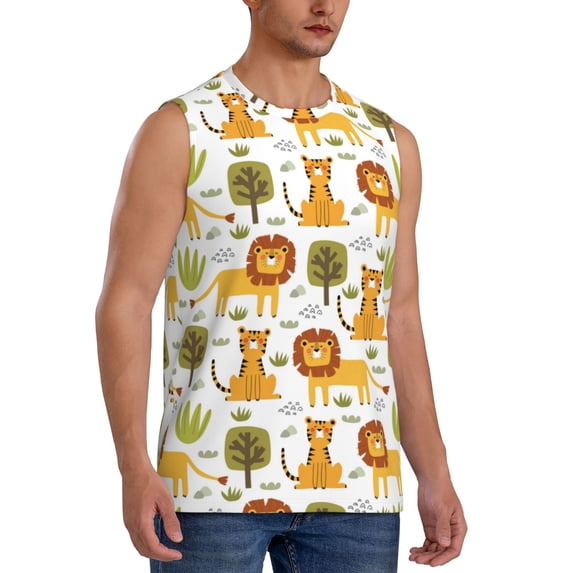 Lsque Tiger Lion Print Men's Cotton Blend Sleeveless Muscle Shirts (S-3XL)- Moisture Wicking, Odor Protection, UPF 30+,3X-Large