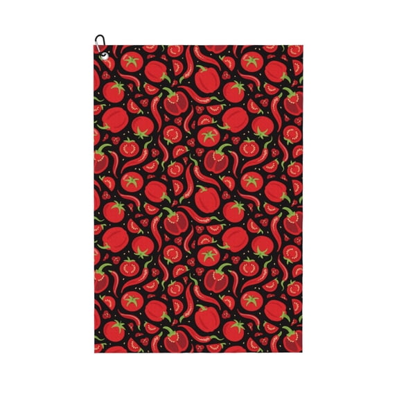 Lsque Tomatoes And Chili Premium Golf Towel - Ultra Absorbent and Quick Drying Microfiber Towel with Carabiner - Gift for Men -24" X 16"