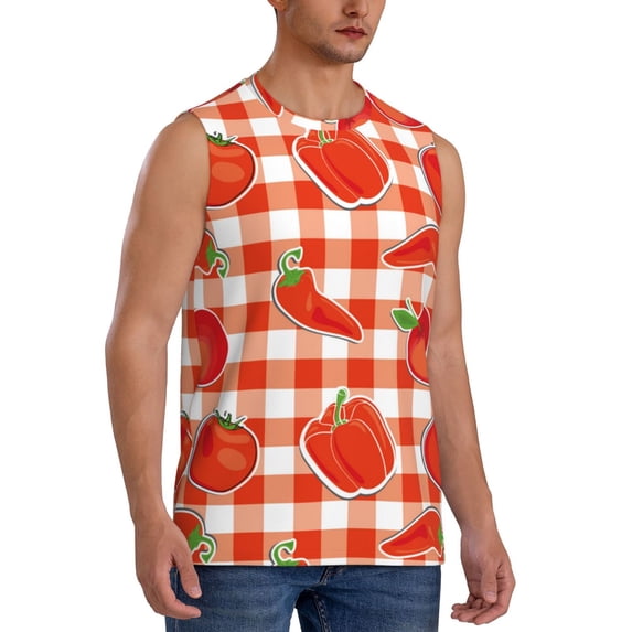 Lsque Tomatoes And Chili Print Men's Cotton Blend Sleeveless Muscle Shirts (S-3XL)- Moisture Wicking, Odor Protection, UPF 30+,3X-Large