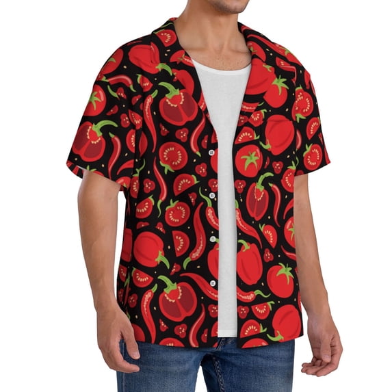 Lsque Tomatoes And Chili print Men's Cuban Collar Short Sleeve Shirt Summer Beachwear Casual Button Down Fashionable Vacation Leisure Shirt-3X-Large