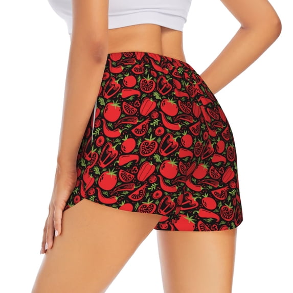 Lsque Tomatoes And Chili Printed Women's Running Shorts with Liner Pockets,Elastic Quick Dry Workout Athletic Gym Yoga Shorts,Womens High Waist Shorts-Large