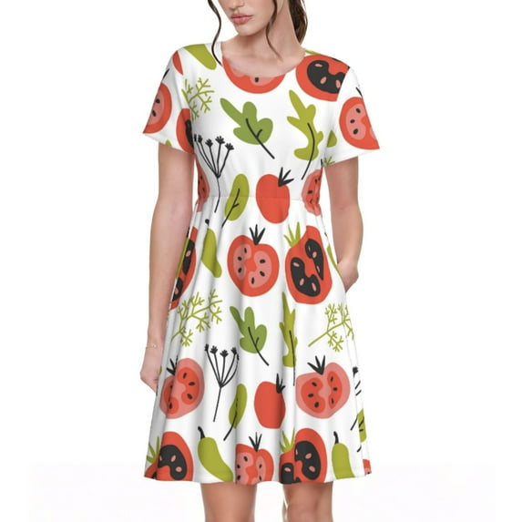 Lsque Tomatoes Print Women's Casual Dress T-Shirt Summer Short Sleeve Scoop Neck Swing Dresses
