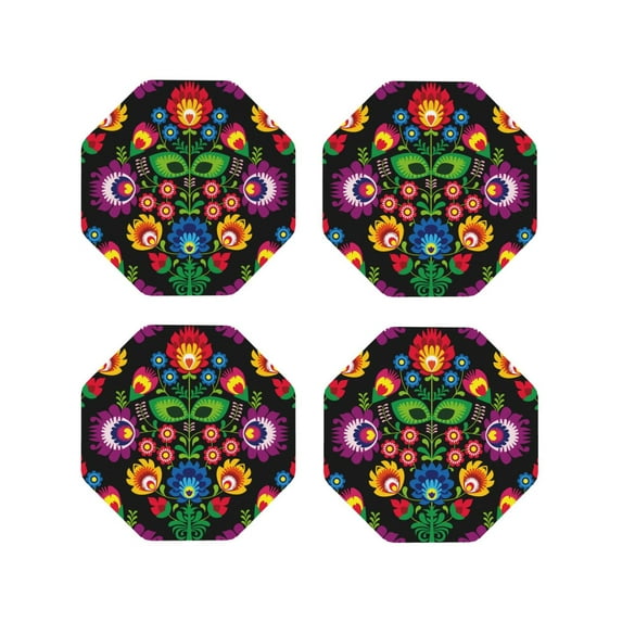Lsque Traditional Floral Polish Pattern 4" Drink Coasters Set of 4, PVC Leather Absorbent Coasters, Table Coaster Set Decorative Coffee Cup Coasters Housewarming Gift -Octagon