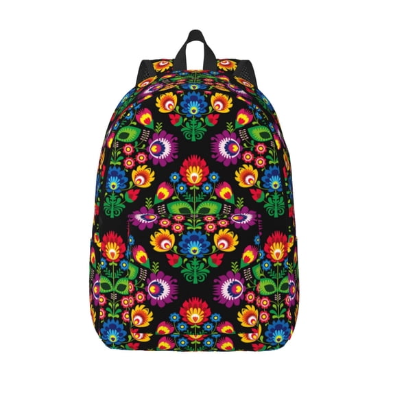 Lsque Traditional Floral Polish Pattern Canvas Daypack, Durable Backpack, High-quality Versatile Backpack,Vintage Compact Backpack-Medium