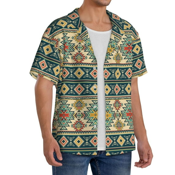 Lsque Traditional Tribal Aztec1 print Men's Cuban Collar Short Sleeve Shirt Summer Beachwear Casual Button Down Fashionable Vacation Leisure Shirt-Large